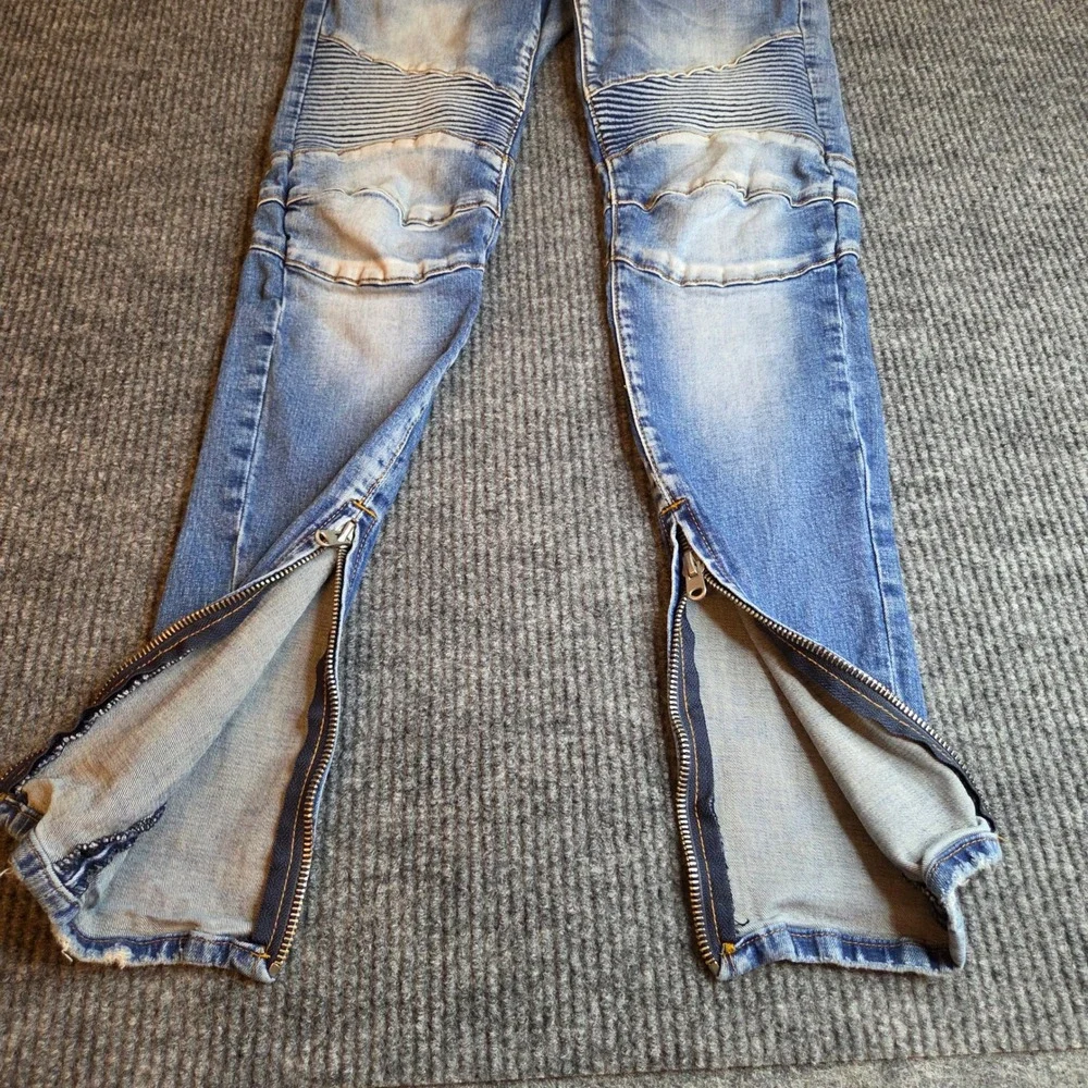 MNML Moto Biker Jeans Blue Denim Zipper Ankle Detail Distressed Wash Men's Size